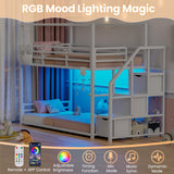 Low Bunk Bed Twin Over Twin with Storage Staircase, RGB LED Lights, Drawers & Shelves