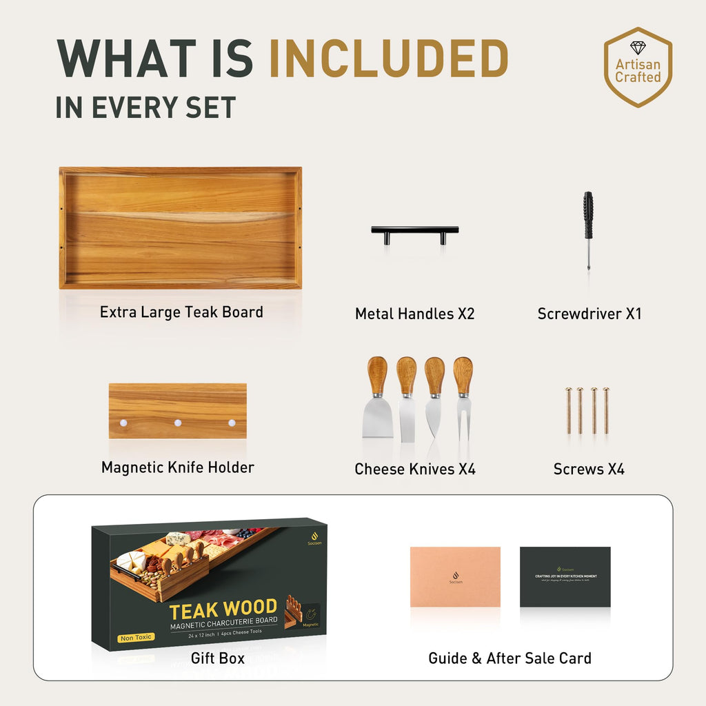 Teak 24 in Large Charcuterie Board with 4-Piece Cheese Knife Set