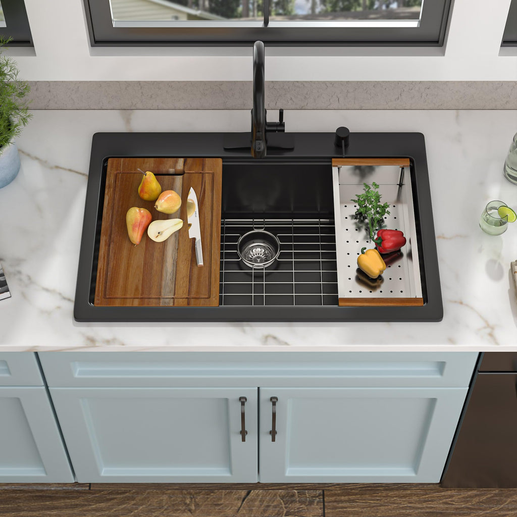 33"x22" Granite Composite - Matte Black Ledge Workstation Drop-In Top Mount Quartz Classic Above Counter Single Bowl