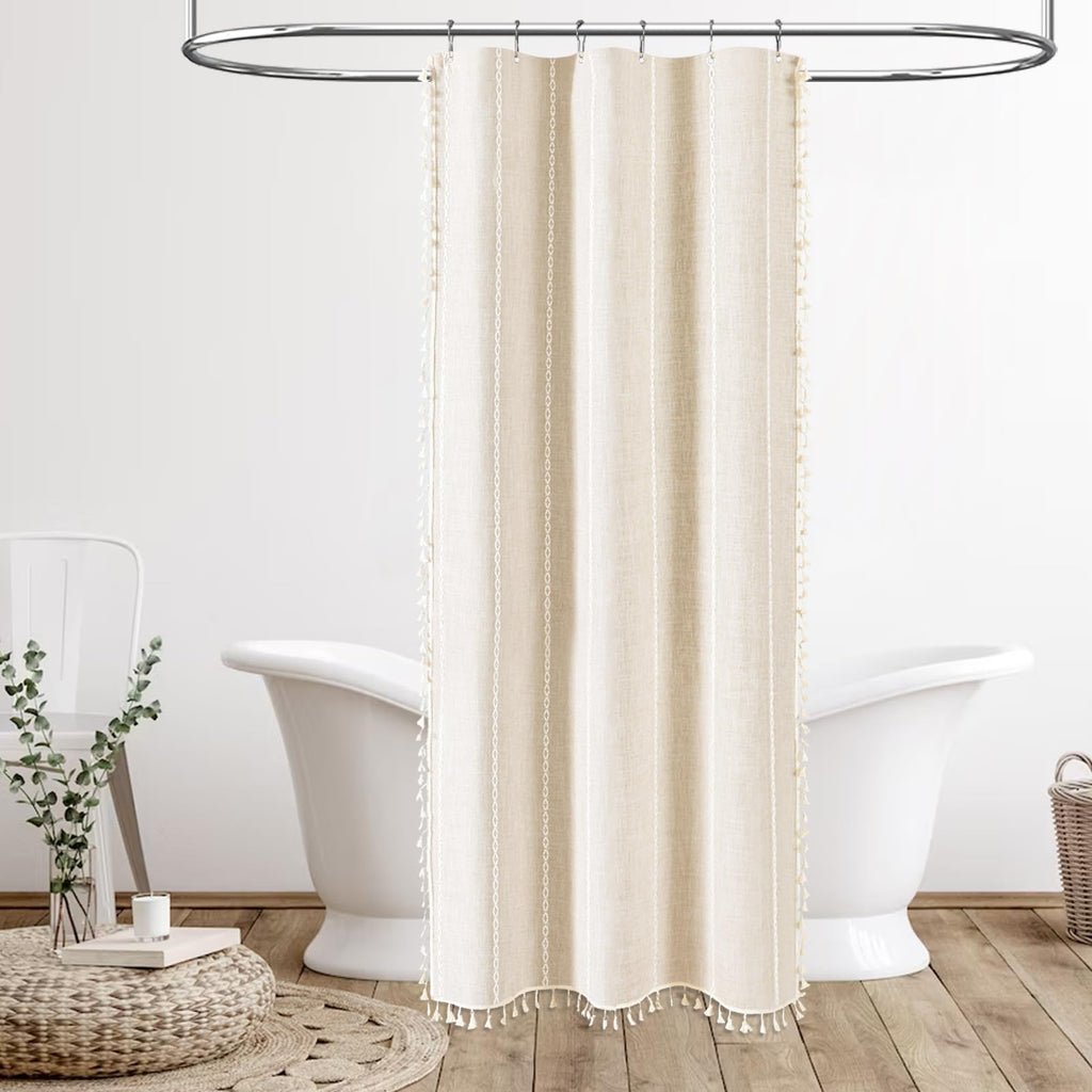 Small Boho Linen Heavy Duty Cloth Shower Curtain, 36x72, Cream/Beige