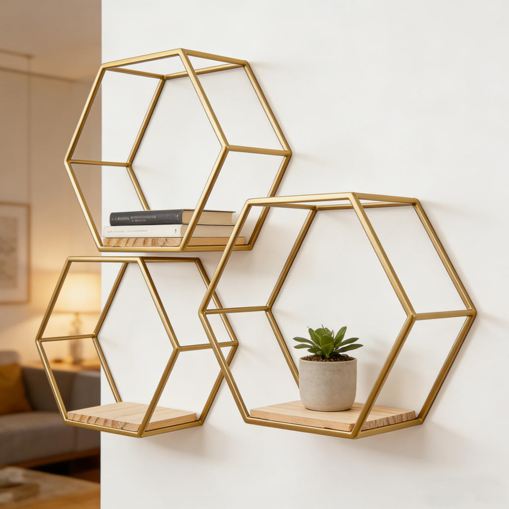 Gold Hexagon Floating Wall Shelves 3 Pack