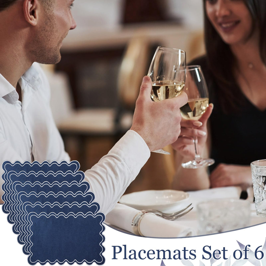 Navy Blue with White Scalloped Placemats Set of 6, Rectangle