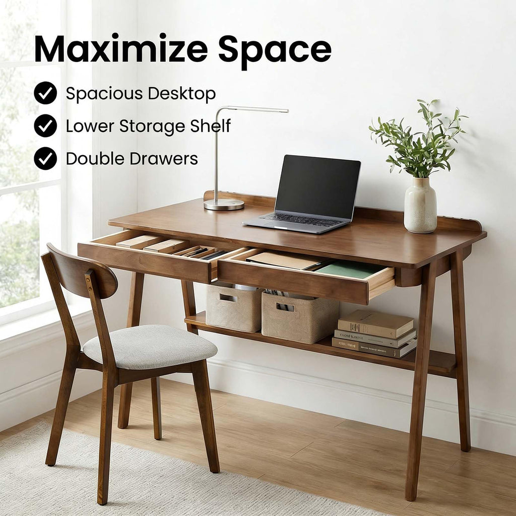 Solid Wood Writing Desk with Drawers, 47" Mid-Century Modern Walnut Desk with Storage Shelf and Side Hooks, Home