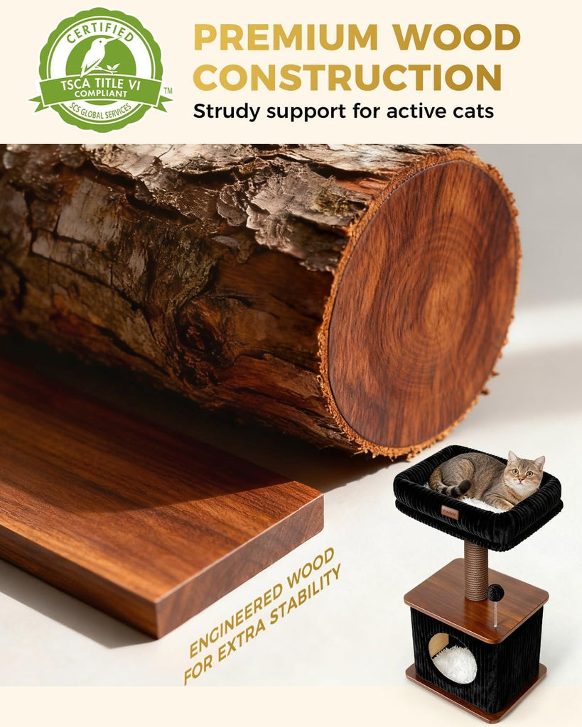 30" Small Cat Tree, Wood Cat Tower with Sisal Scratching Posts