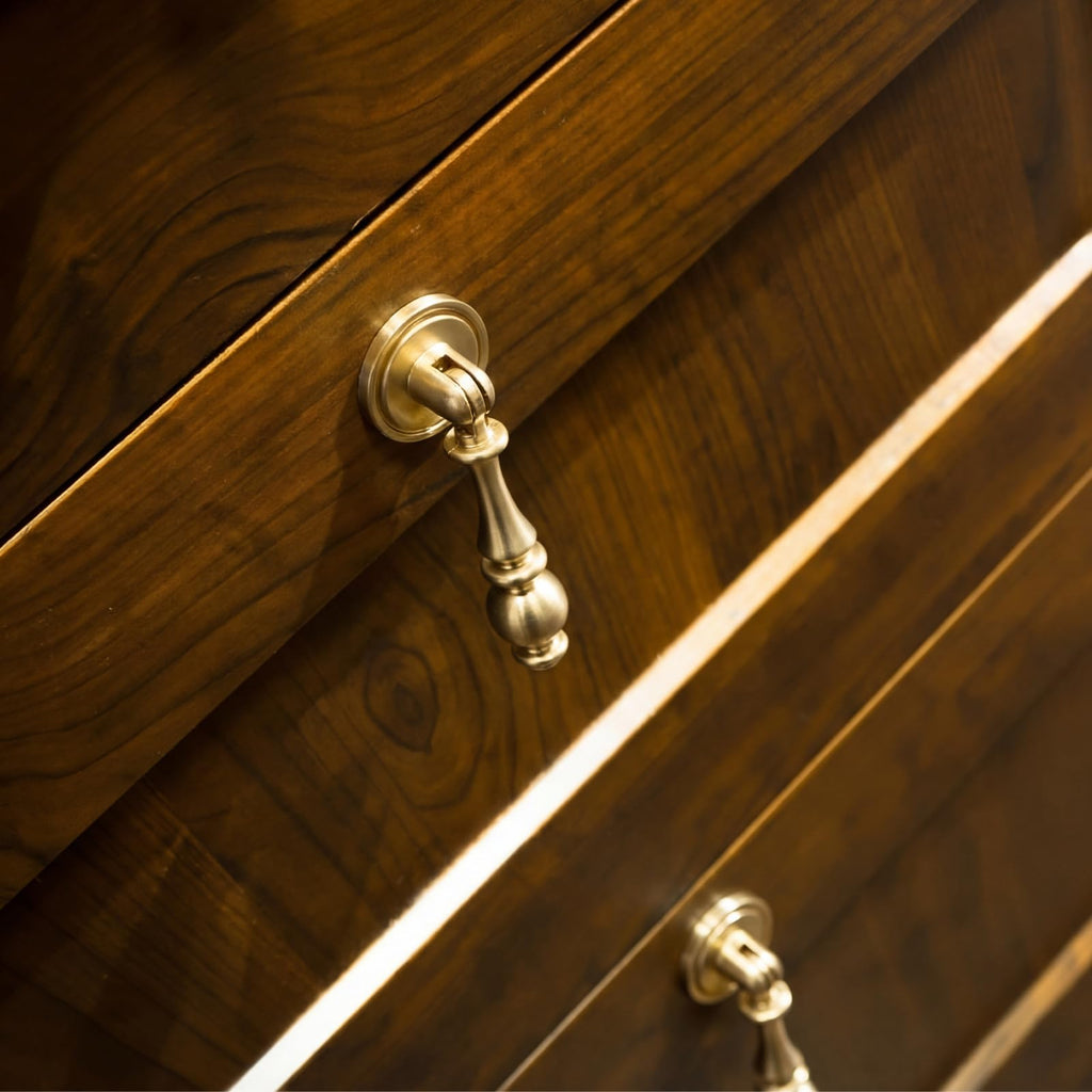 6 Pack Solid Brass Drop Cabinet Pulls 2.5 Inch, Brushed Gold Cabinet Knobs for Dresser and Drawers, Decorative