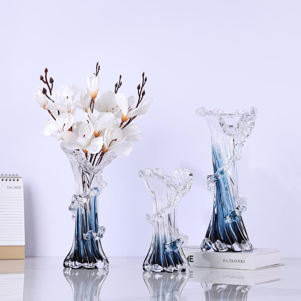 Hand Blown Blue Glass Vase, Unique Art Beautiful Ocean Glass Vase for Coastal Home Decor, Coffee Table, Living Room