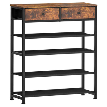 Shoe Rack, 5 Tier Shoe Storage Organizer with 2 Drawers, Metal Shoe Shelf for 12-16 Pairs of Shoes, with 4 Oxford