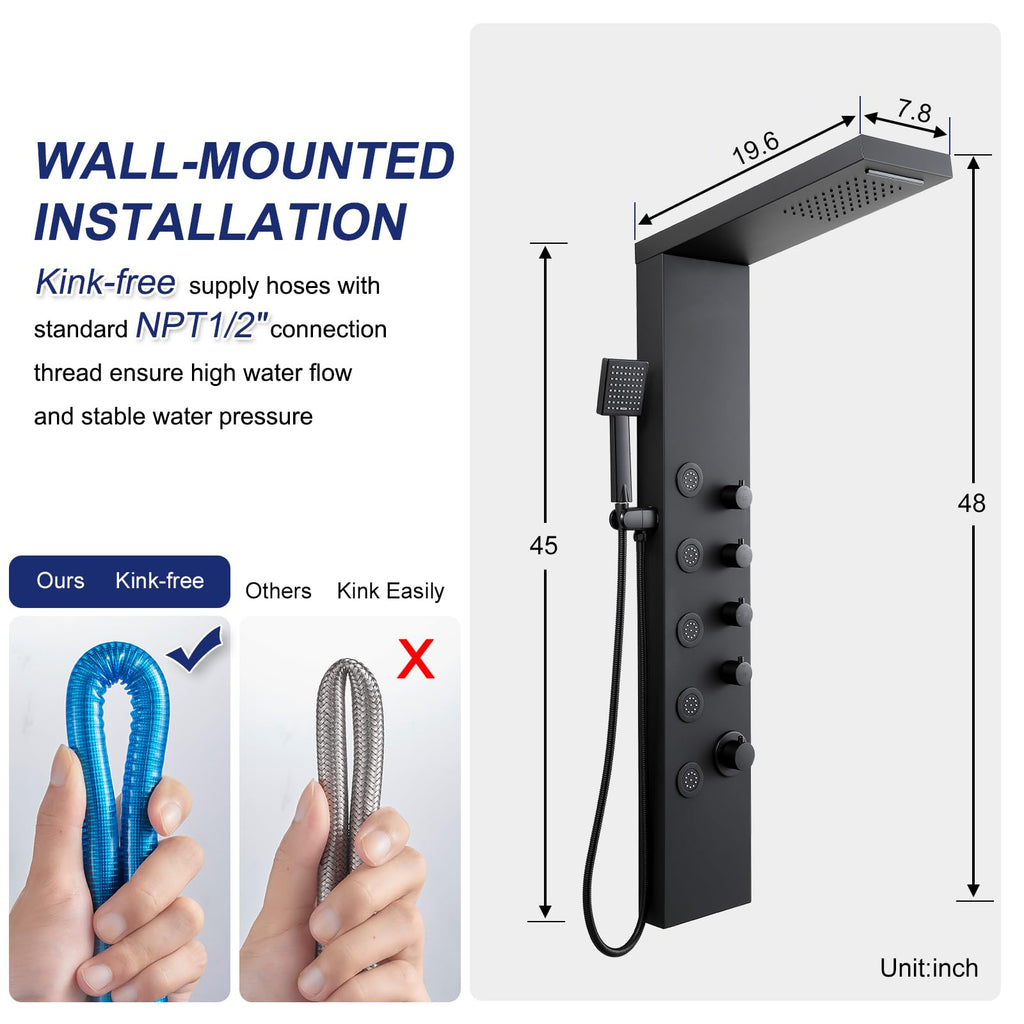 4-in-1 Rainfall Waterfall Shower Panel Tower System, Matte Black