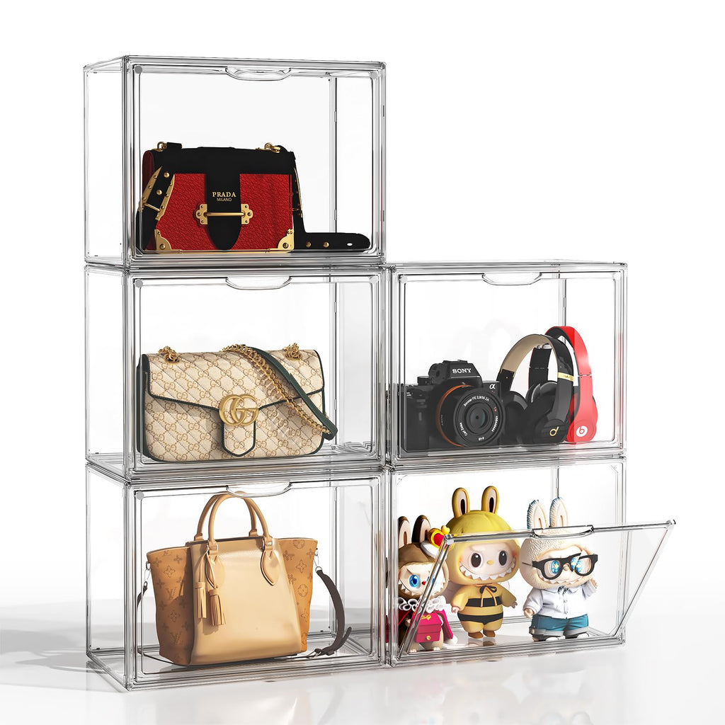 Clear Purse Organizer for Closet, 5 Pack Handbag Storage Organizer, Acrylic Display Case for Collectibles , Stackable