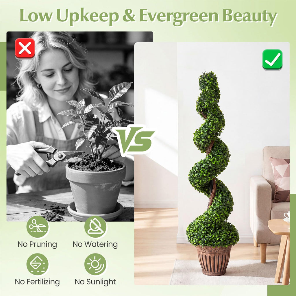 4 Ft Artificial Boxwood Spiral Topiary Tree, Fake Greenery Plants, Leaves & Cement-Filled Plastic Flower Pot
