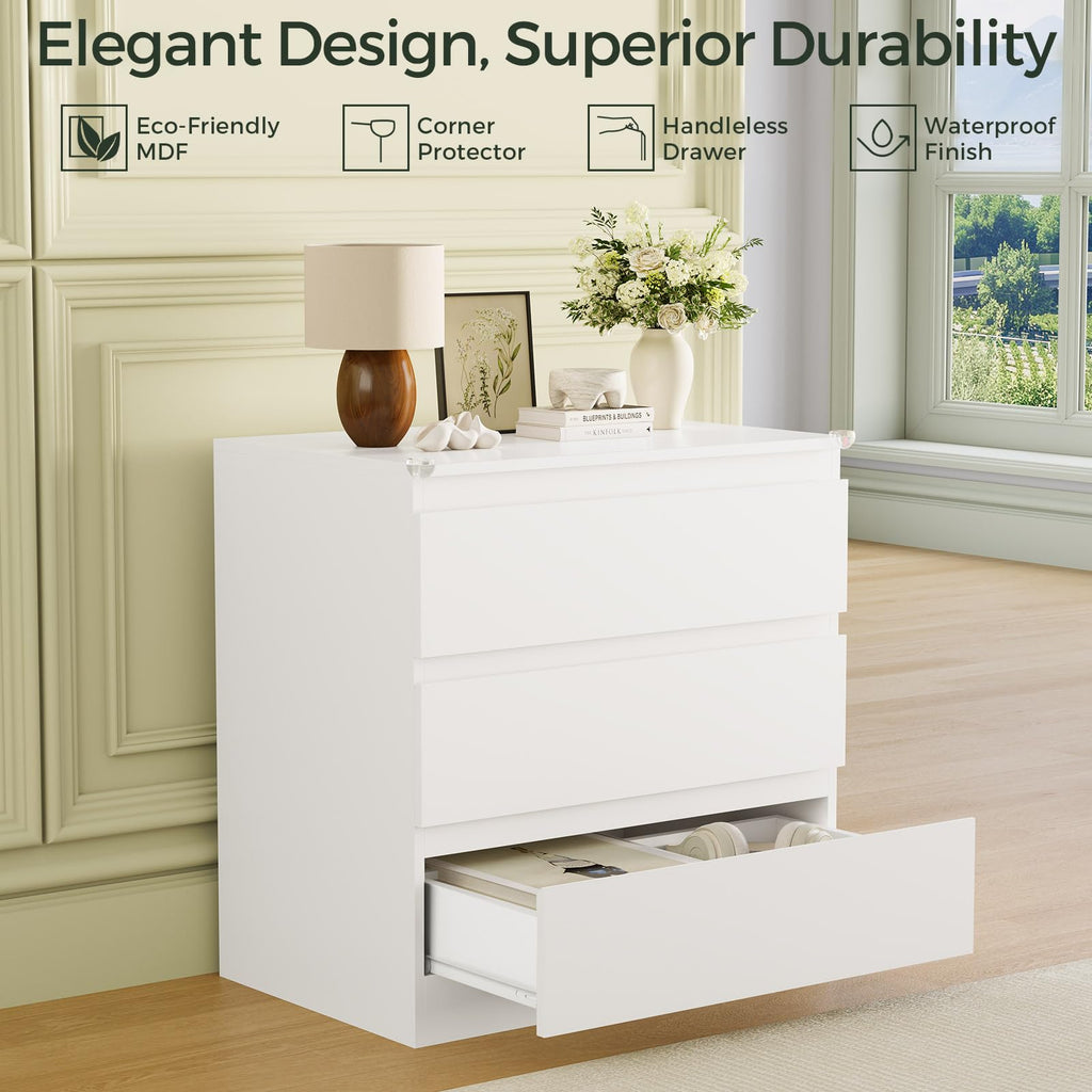 White Dresser with 3 Drawer Wide Wooden Chest