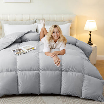 Luxury Queen Size Feather Down Comforter, High Fill Power Fluffy Duvet Insert, 100% Cotton Cover Skin-Friendly