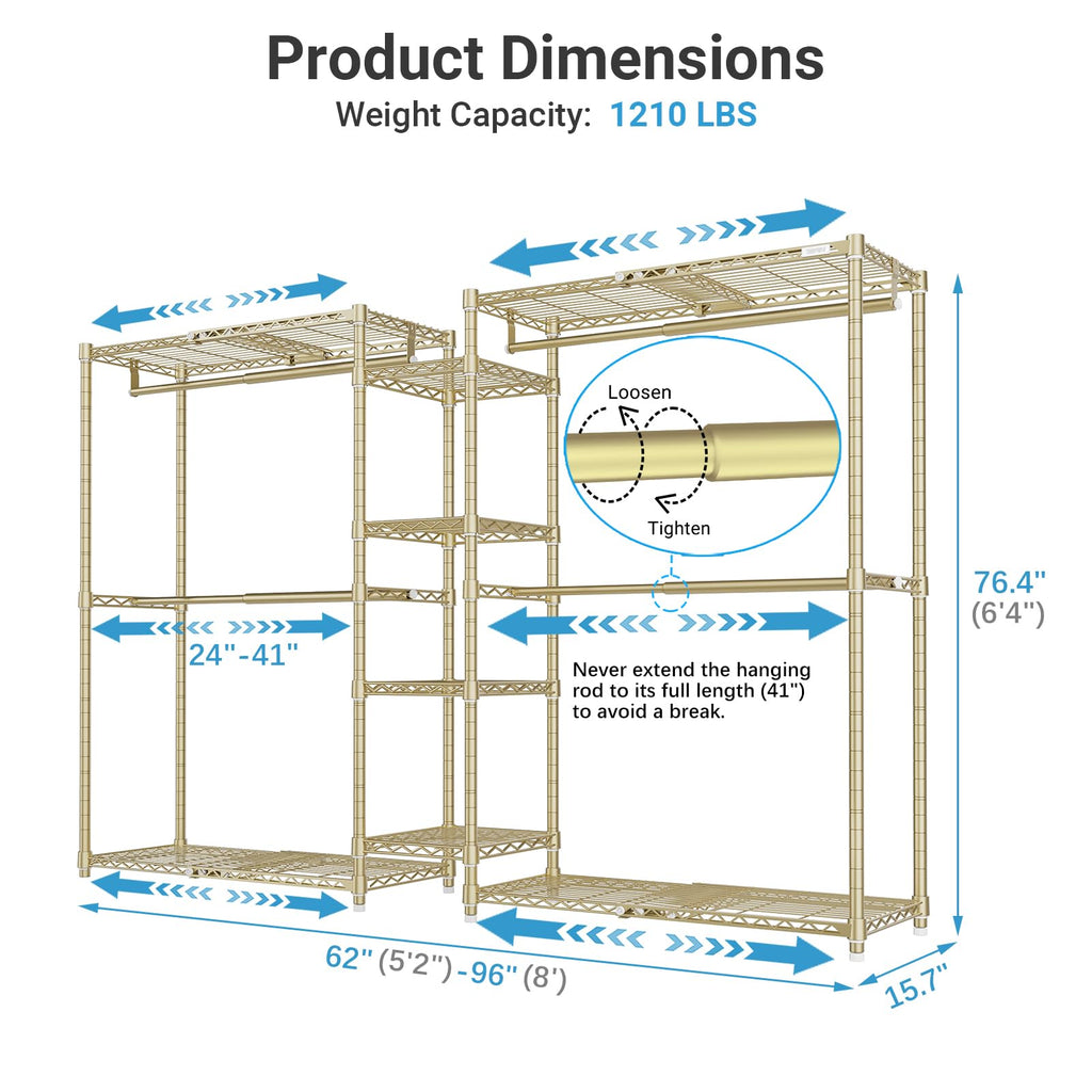 X3 Expandable Heavy Duty Clothes Rack Adjustable from 5'2" to 8' with Adjustable Shelves and Hanger Rods, Large