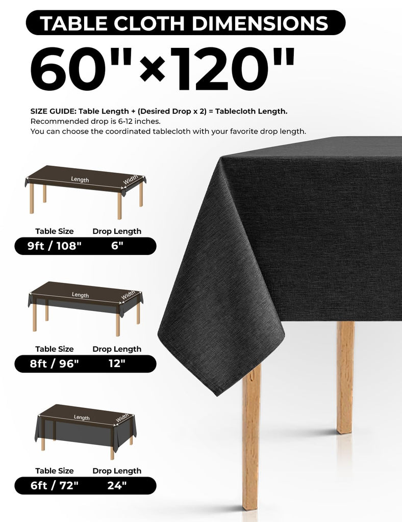 Black Extra Long Cloth Tablecloths for Rectangle Tables, Waterproof Reusable Dinning Table Cover Protector for