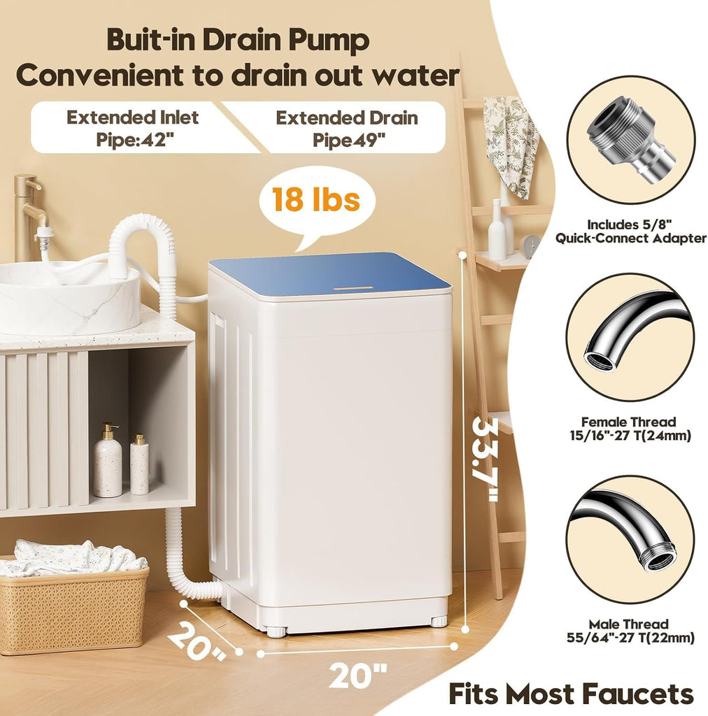 Portable Washer and Dryer Combo Set, 18 lbs Fully Automatic Washing Machine, 1.5CuFt Portable Dryers, Compact Washer