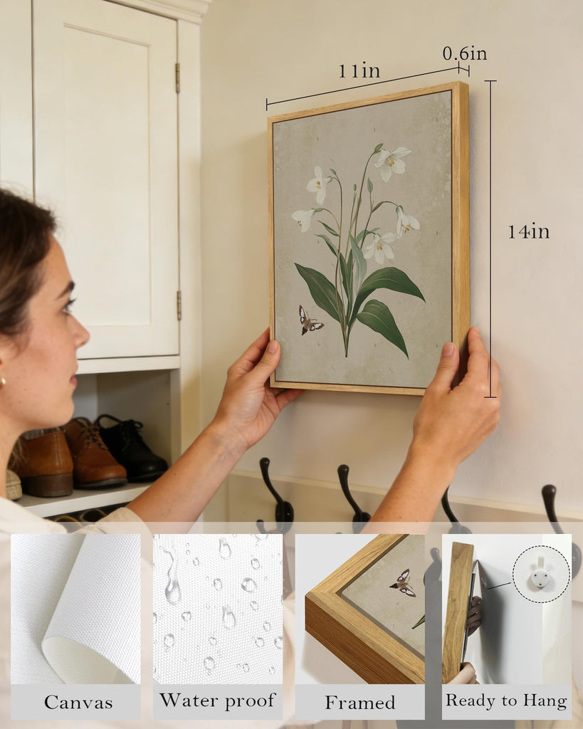 Vintage Botanical Boho Framed Wall Art Set of 4 Piece Antique Flower Prints Farmhouse Retro Plants Rustic Artwork