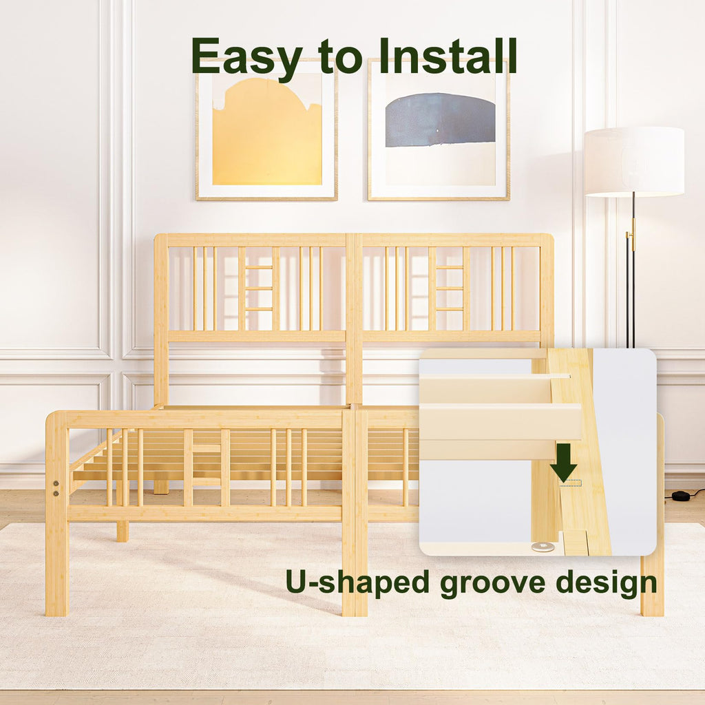 10 Inch High Solid Bamboo Wood King Size Bed Frame with Headboard and Footboard, Platform King Bed Frame with Metal