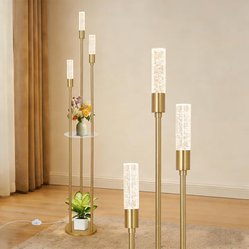 Modern Gold Floor Lamps, Bubble Crystal Floor Lamp with Shelves, Built-in LED Lights, Brass Standing Lamps with Foot