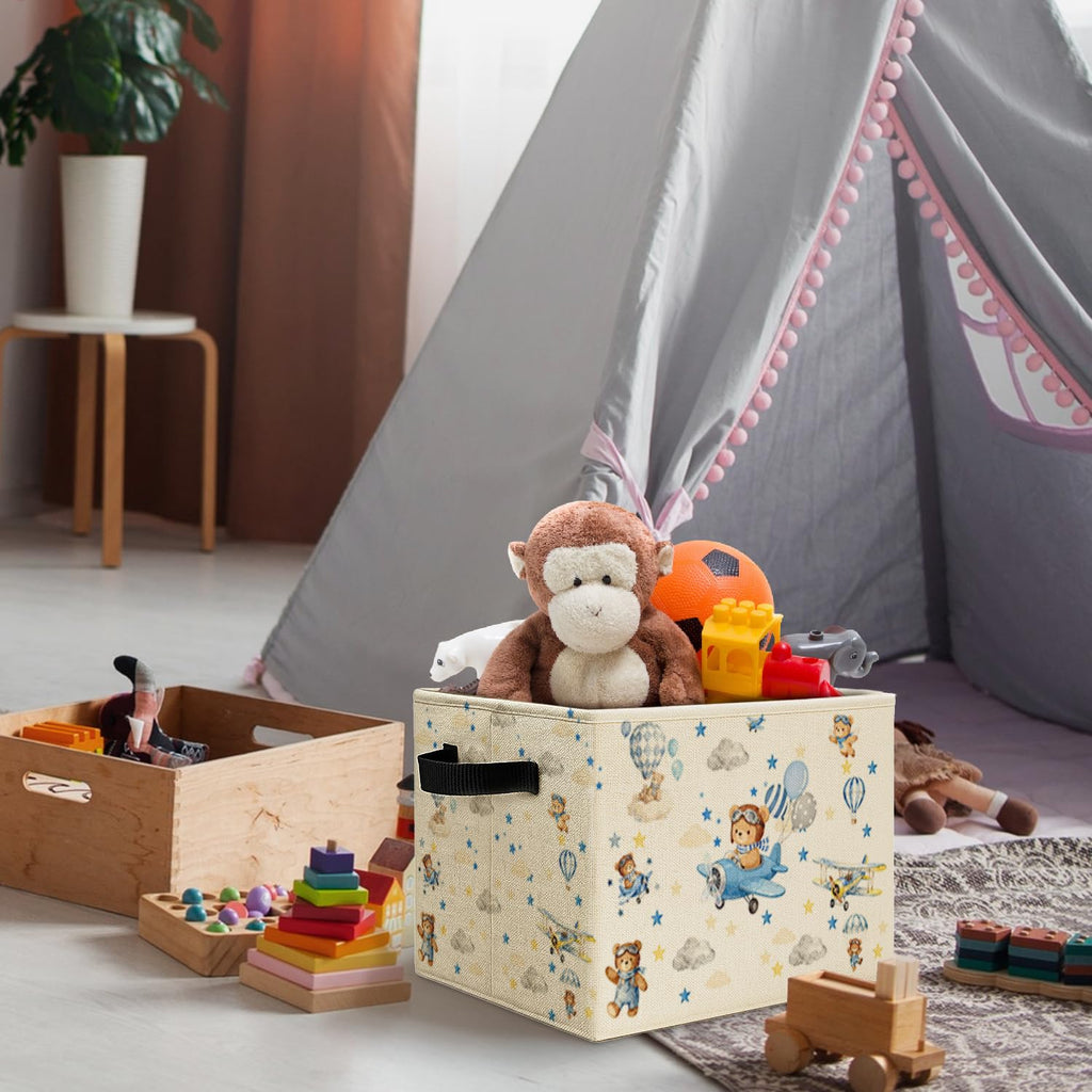 Blue Space Bear Storage Bins Box with Handles, Hot Air Balloon Bear Spaceman Laundry Basket Hamper Collapsible