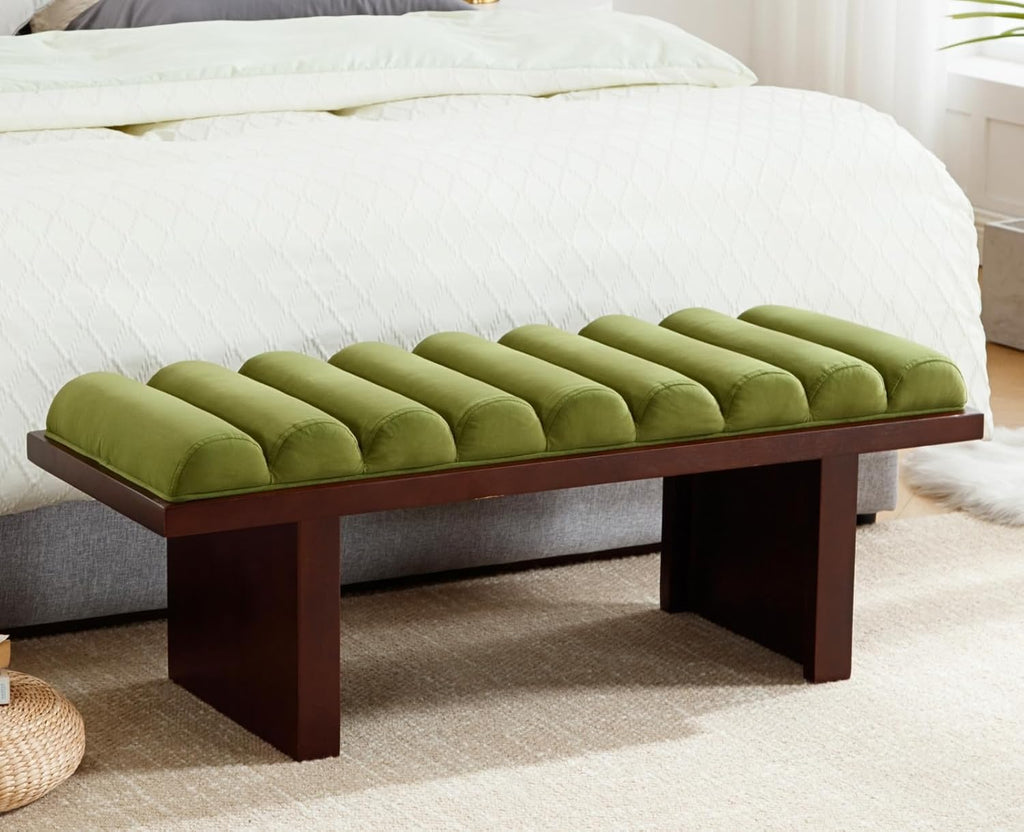Green Velvet End of Bed Bench Upholstered Modern Ottoman Bench Comfy Padded Entryway Bench Seat with Thick