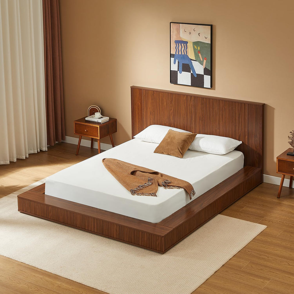Japanese Wooden Floor Bed Frame Queen with Walnut Headboard
