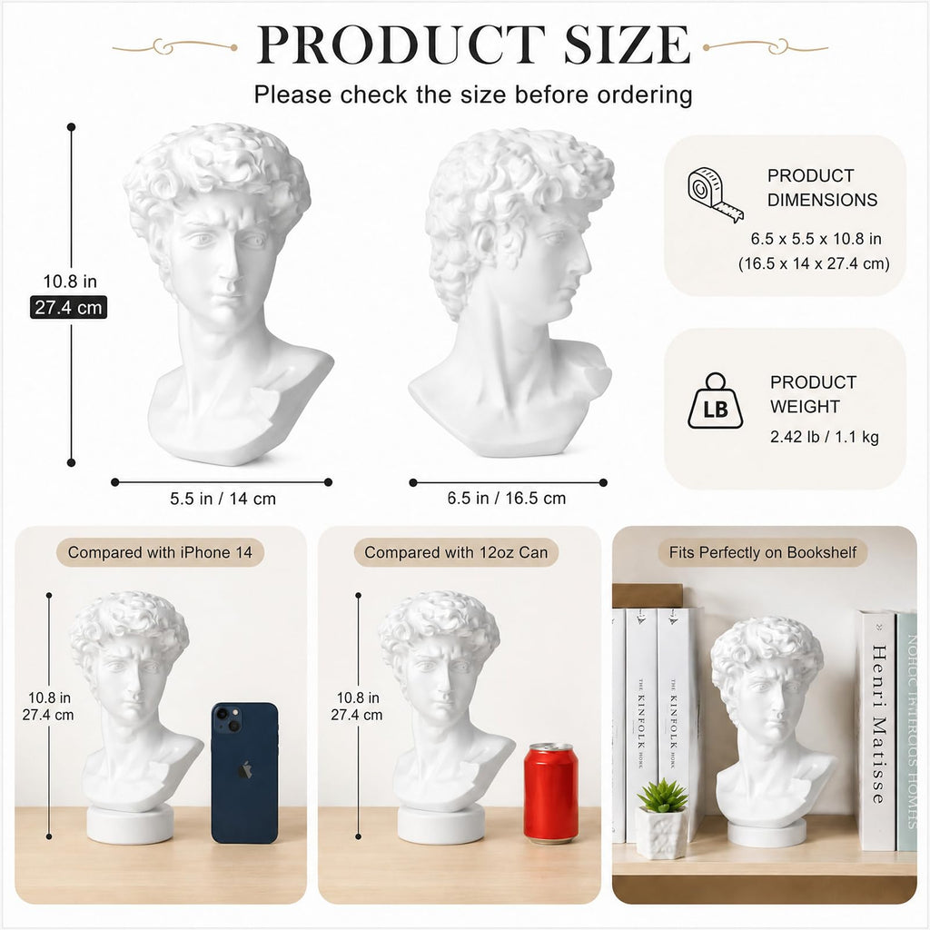 11in Greek Statue of David, Classic Head Bust
