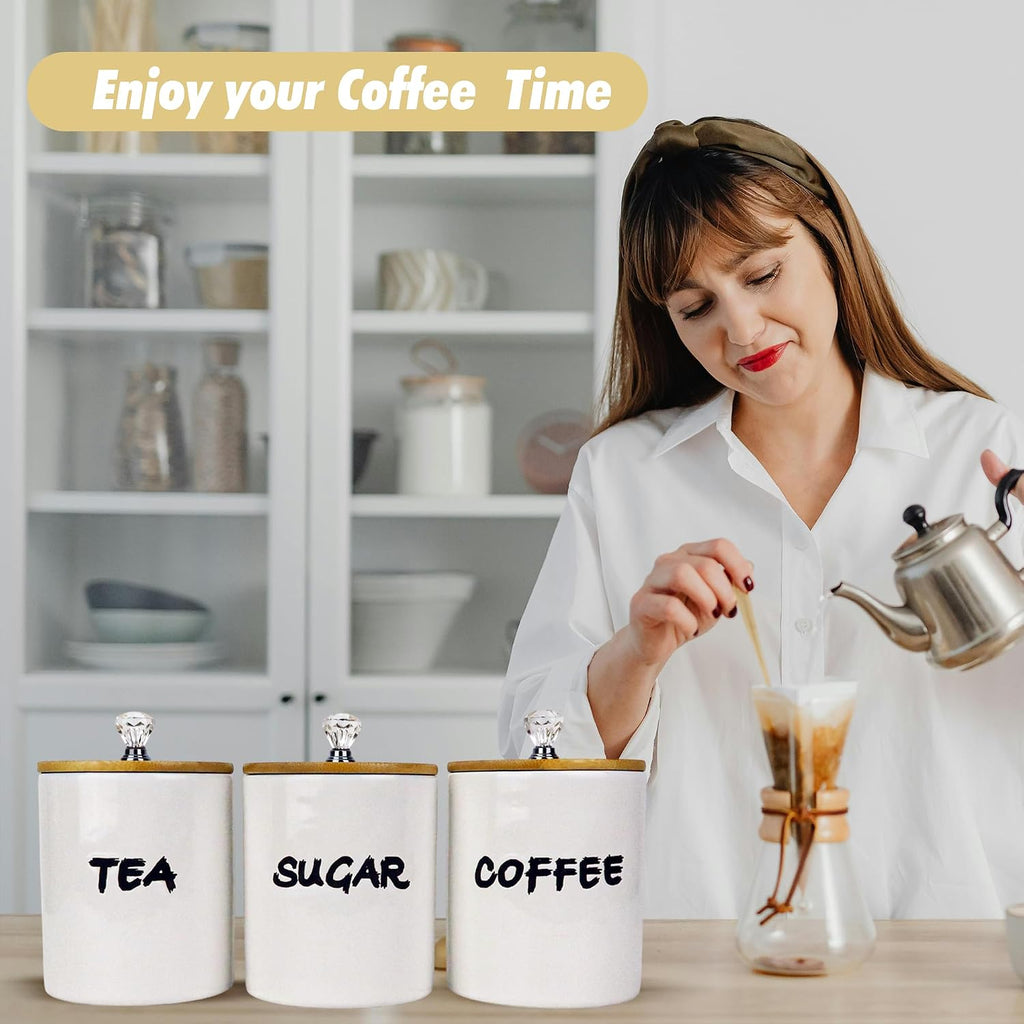 Coffee Tea Sugar Container,Farmhouse Storage Containers Jars,Airtight Ceramic Kitchen Canister Set - Set of 3