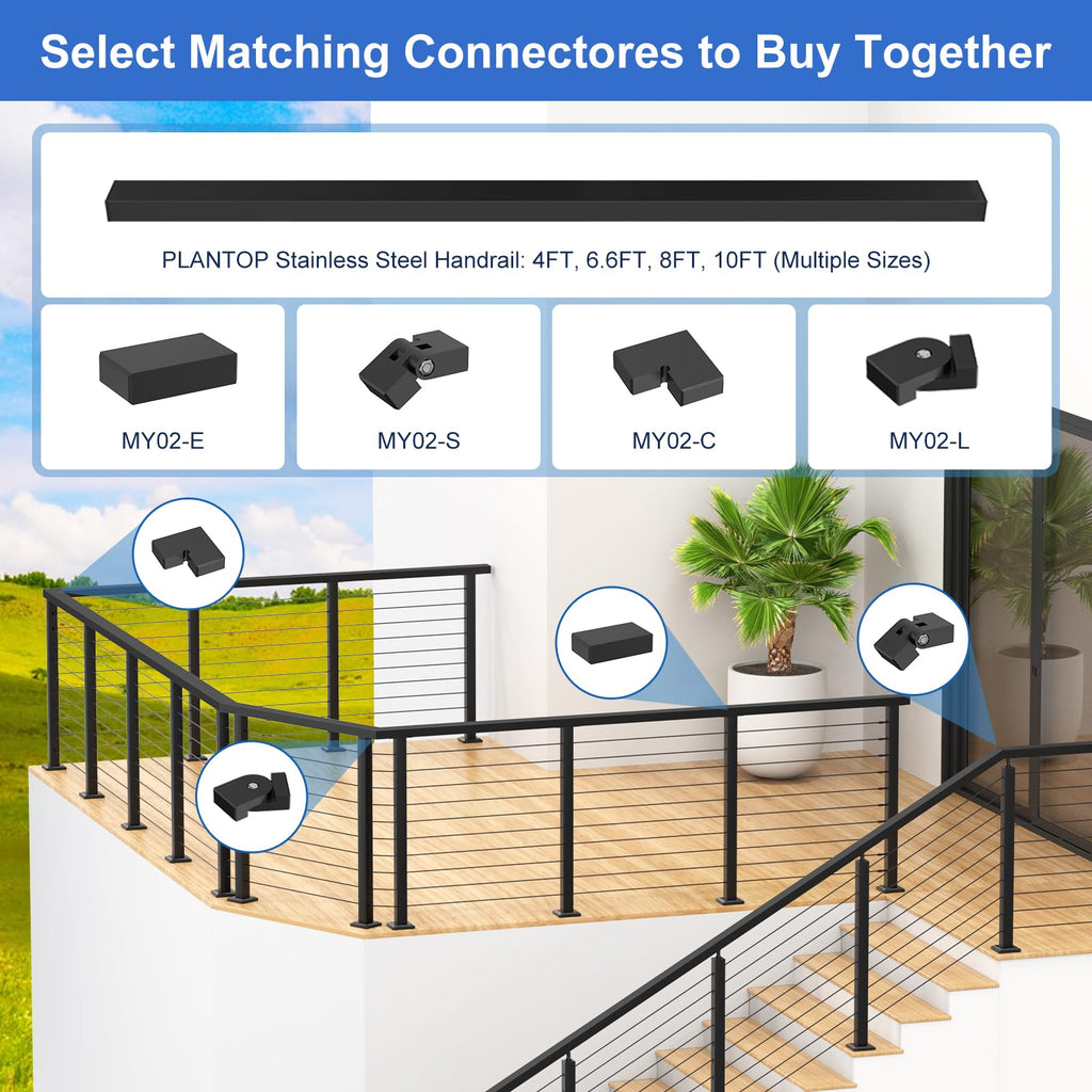 10FT Stainless Steel Cable Railing Handrail, Black Rectangular Handrail for Indoor Outdoor Deck Stair Cable Railing