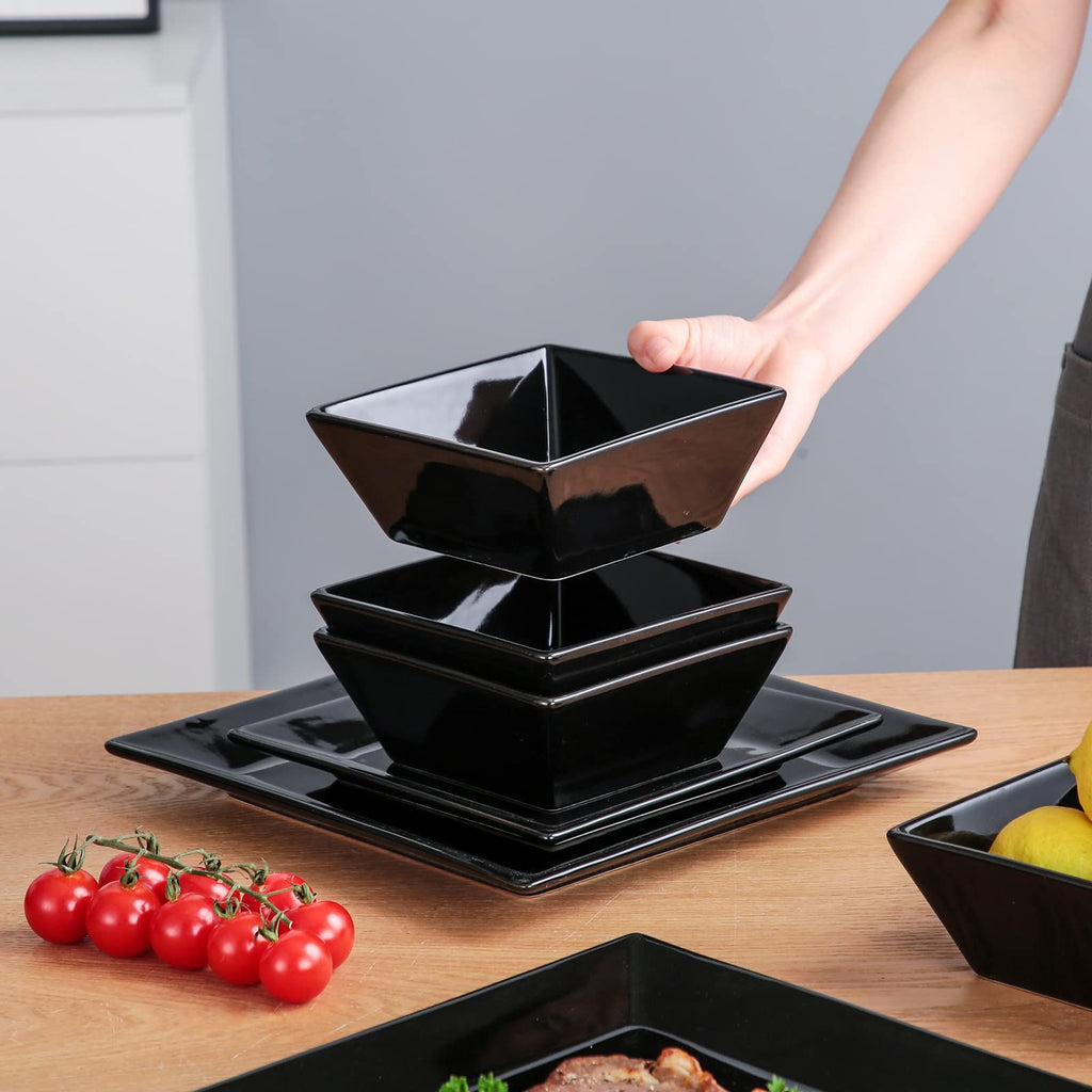 12-Piece Square Dinnerware Set, Service for 4, Porcelain Dishes Dinner, Square-Black