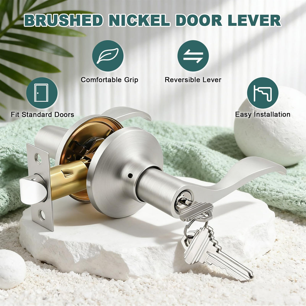 Entry Door Handles with Lock and Same Keys, Brushed Nickel Keyed Aliked Entry Door Lock Sets for Exterior & Interior