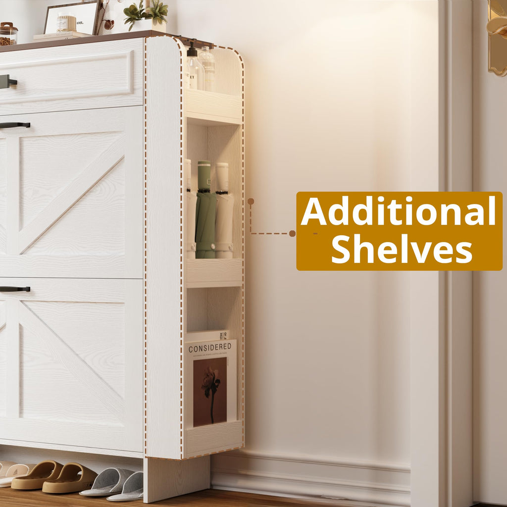 Shoe Storage Cabinet with 2 Flip Drawers & Barn Door, White/Walnut