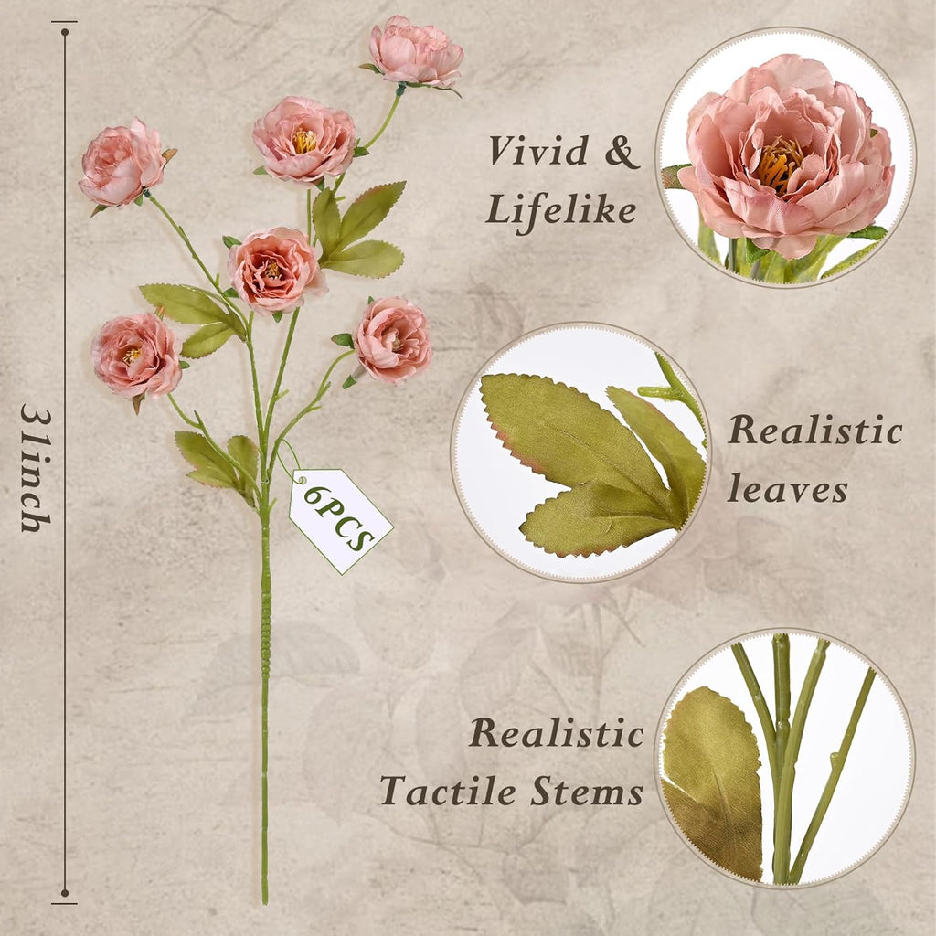 31" Peonies Artificial Flowers, Real Look Large Faux Silk Flowers with 36 Blooms for DIY Wedding Centerpieces - Set of 6