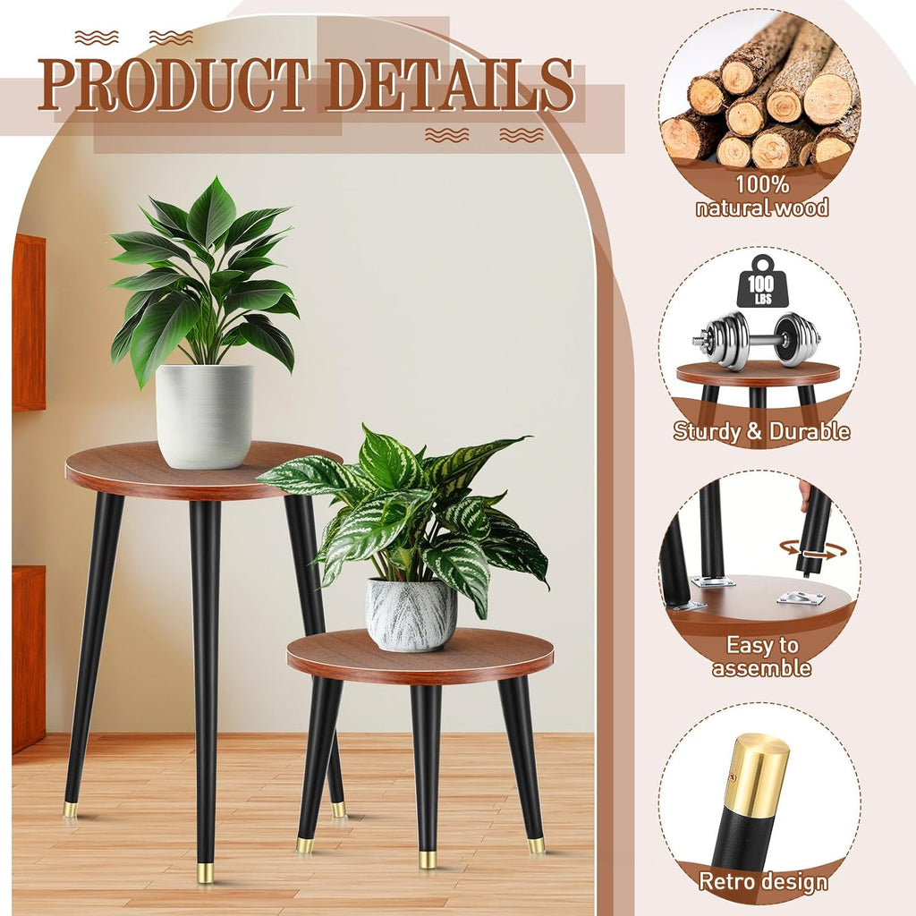 2 Pcs Indoor Plant Stand Mid Century Vintage Wood Modern Flower Pots Holder Round Side Table End Table Plant Stools