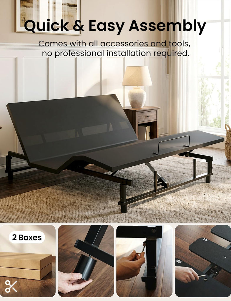 King Adjustable Bed Frame with Wireless Remote, Electric Bed Base, Black