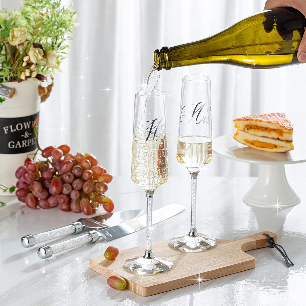 Wedding Cake Knife and Server Set, Mr and Champagne Flutes with Wedding Cake Cutting Set for Bride and Groom Toasting