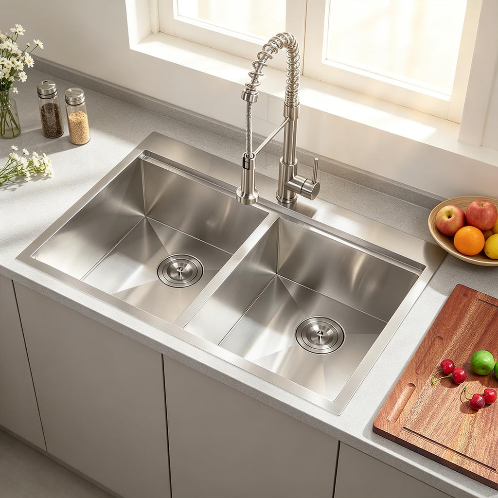 33 x 22 Inch Double Bowl Drop in, Brushed Nickel 16 Gauge Stainless Steel Topmount 50/50 Double Basin Workstation