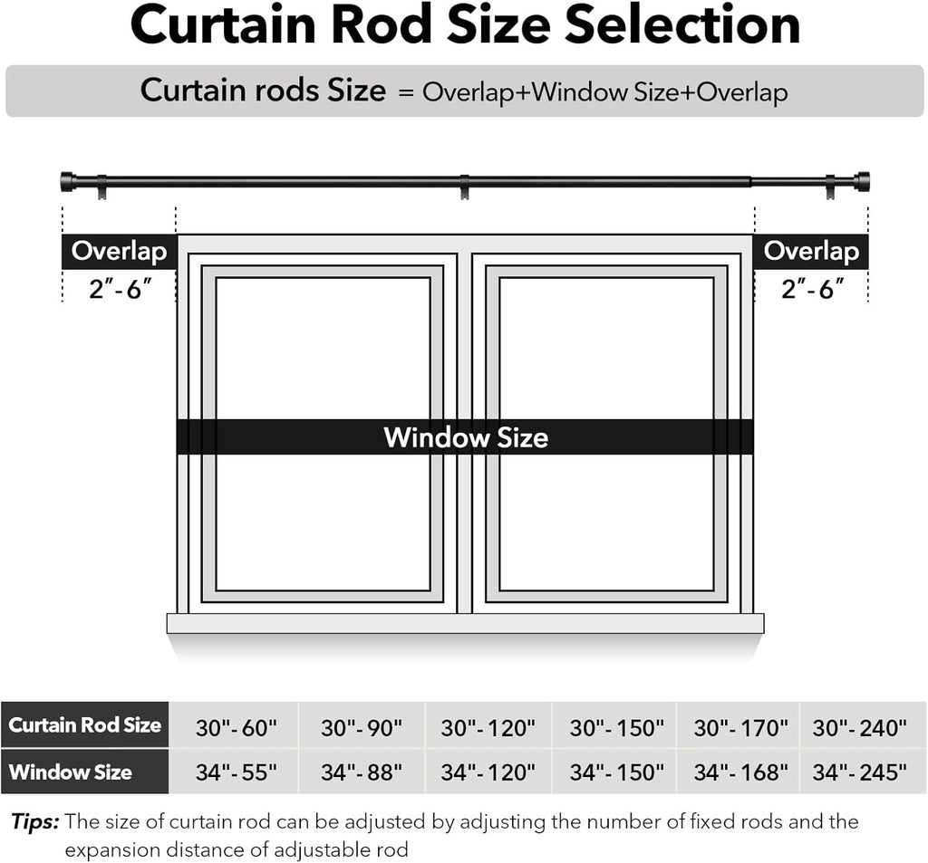 Heavy Duty Curtain Rods for Windows 66 to 120 Inch,1 Inch Adjustable Black Curtain Rod with Easy Installation and
