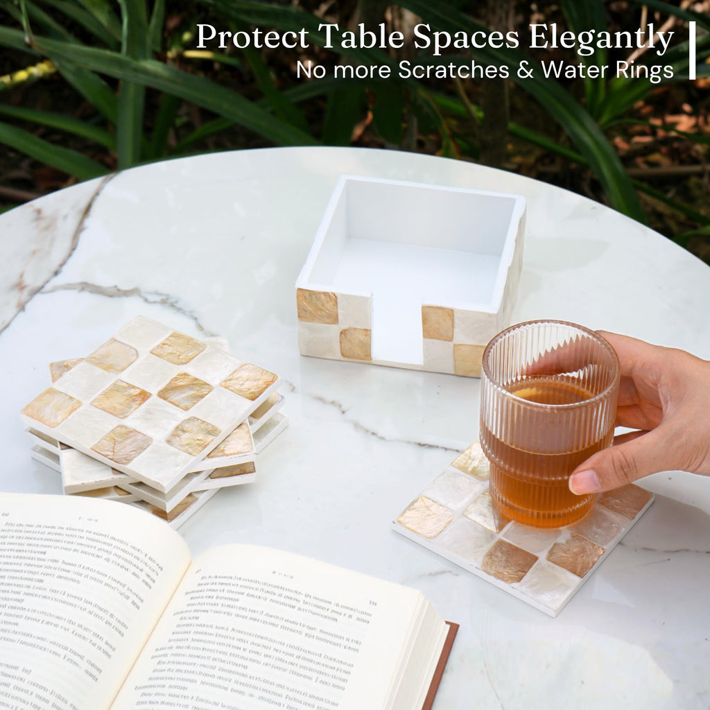 4" Capiz Shell Mosaic Square Coasters Set 6 with Holder, Ivory