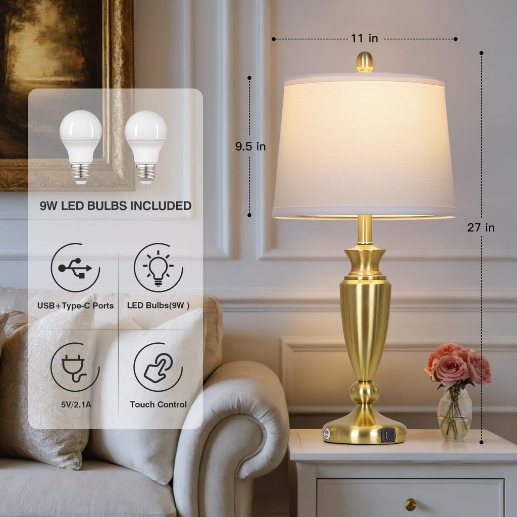 27" Gold Table Lamp Single, Touch Control Modern Bedroom Lamp with USB A+C Ports, 3-Way Metal Bedside Lamp, Elegant