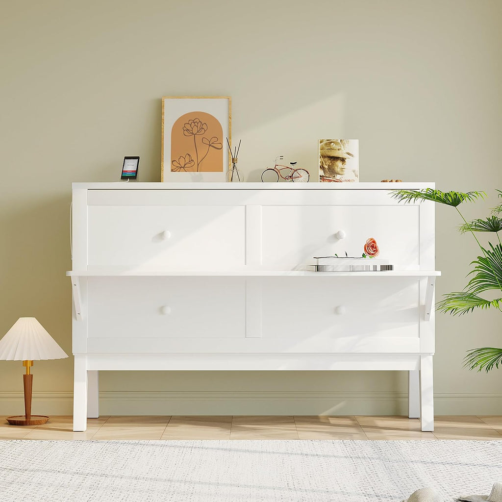 Queen Murphy Bed with Slide-Out Nightstand Shelves on Each Side & USB Port, 2-in-1 Foldable Bed Desk Wood MDF Murphy