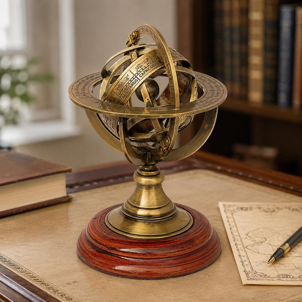 Handmade Brass Armillary Sphere Globe Clock Spherical Astrolabe Vintage Compass Handmade Nautical Decor Desk & Home