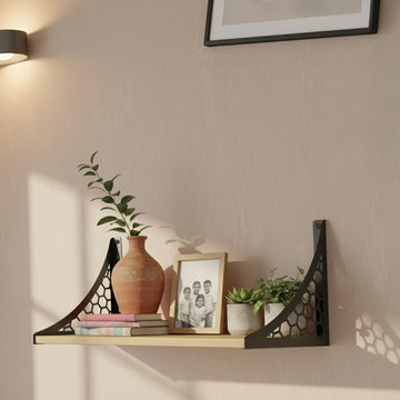 Wall Shelf with Wooden Top Black|White Iron Brackets Storage Rack|Industrial Wall-Mounted Floating Shelf (Black