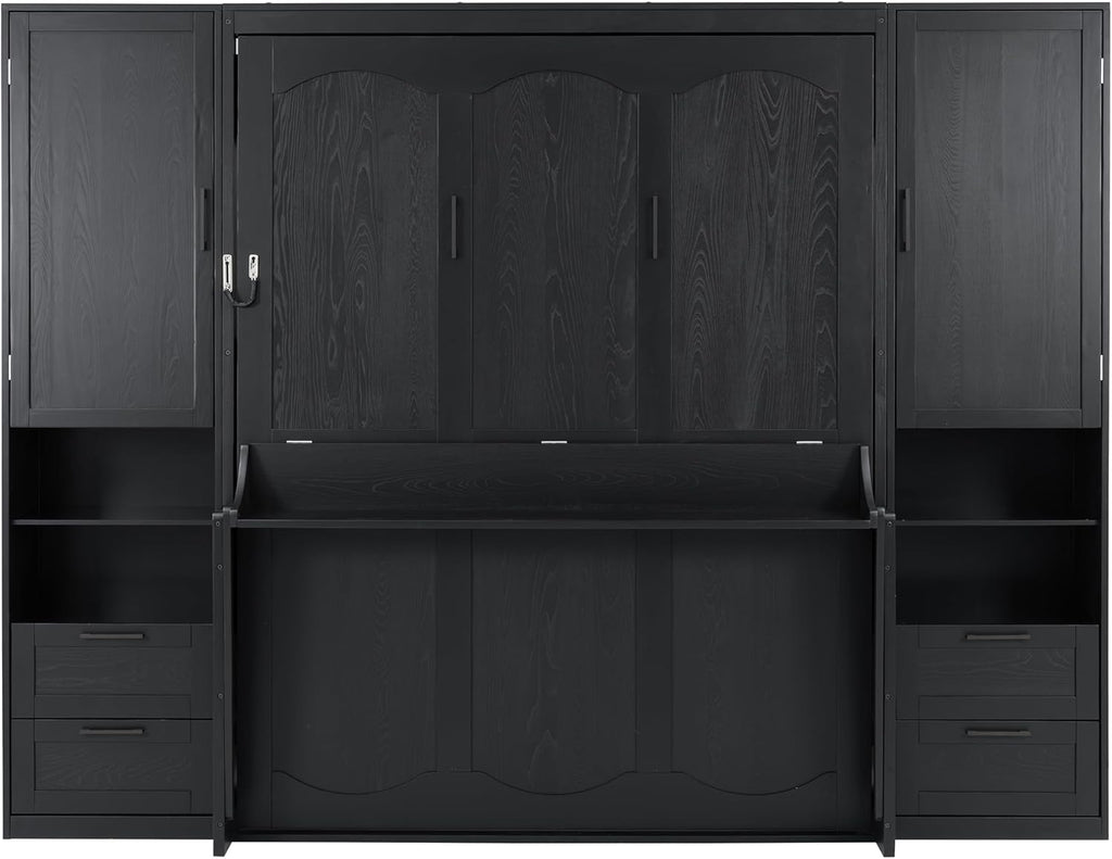 Queen Murphy Bed with Desk, Multifunctional Foldable Wall Bed with Closet, Drawers and Shelves, Space-Saving Wood Bed