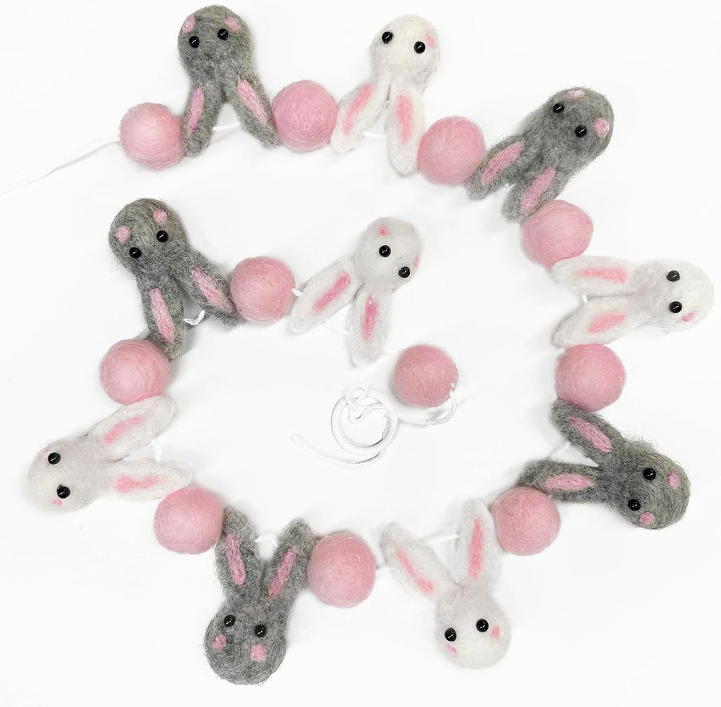 Pinkblume Easter Felt Garland Wool Rabbit Pom Pom Banner,Handmade Bunny Ball Garland for Easter Holiday Baby - Set of 16