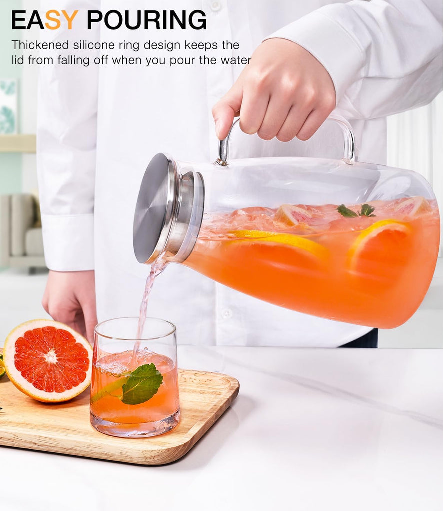 Glass Pitcher with Lid, 2 Liter 68oz Water Pitcher with Handle and Spout for Fridge, Borosilicate Glass for Iced Tea