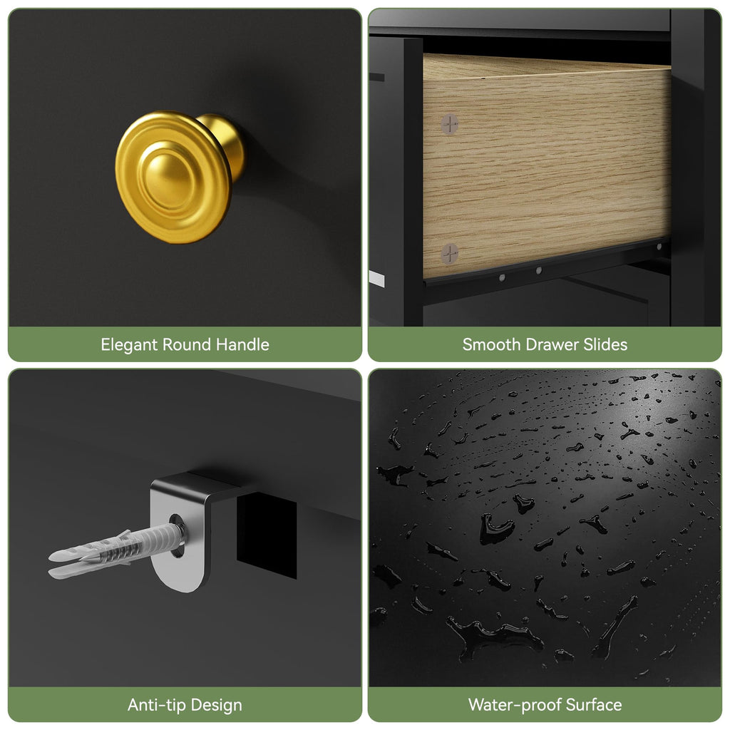 55'' Black Dresser with 6 Drawers, Wood Dressers Elegant Modern Chest of Drawer with Gold Handles Wood Legs, Large