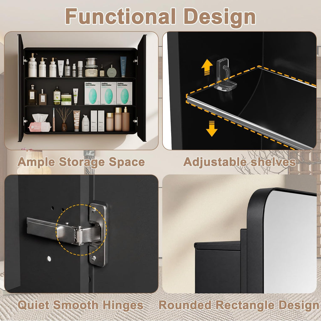 32x24 in Double Door Medicine Cabinet with Mirror, Matte Black | Fully Assembled; Recessed or Surface Wall Mount;