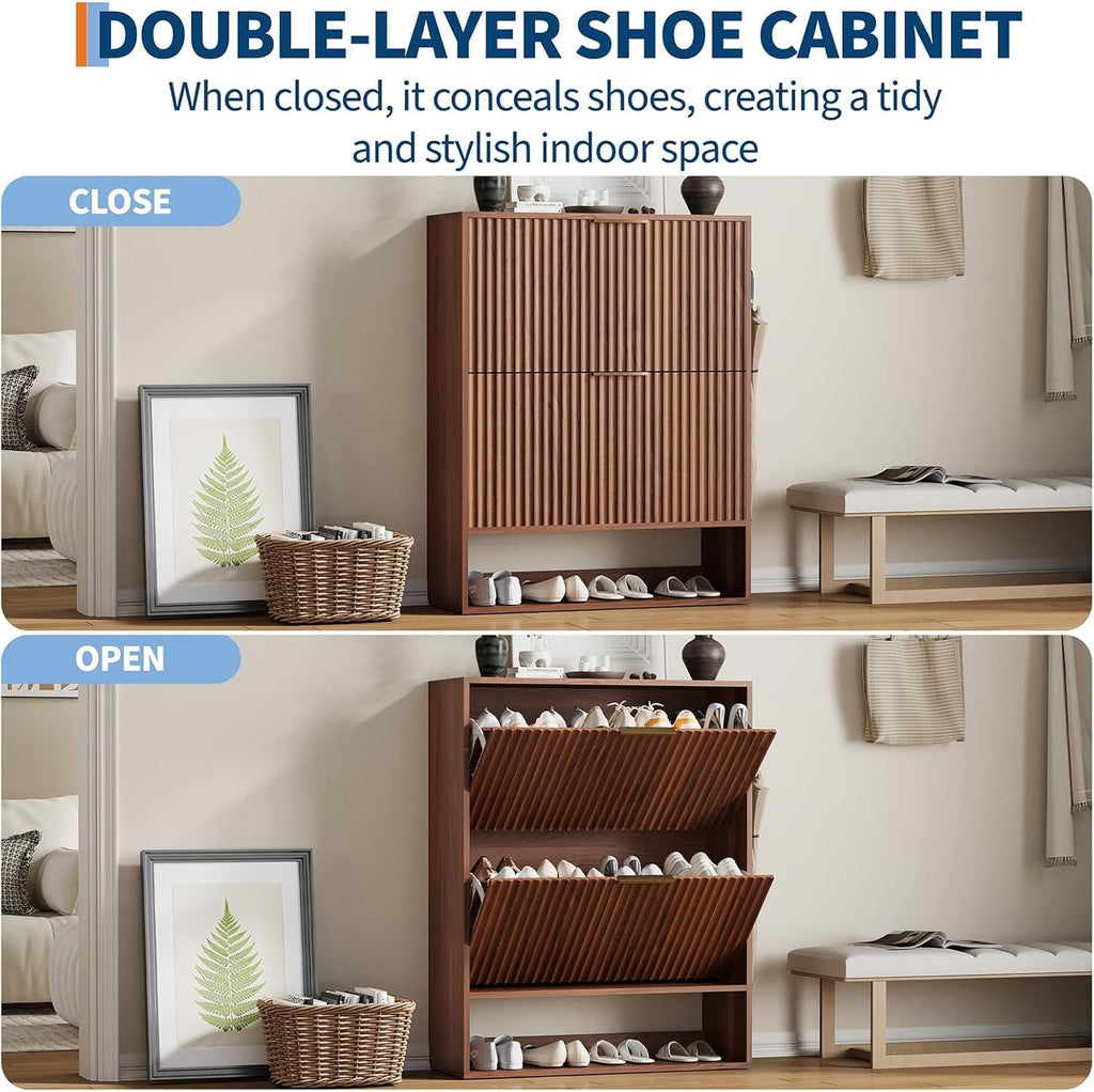 Shoe Cabinet , Narrow Freestanding Shoe Cabinet Storage with 2 Flip Drawers, Open Bottom Shelf & Side Hooks, Slim