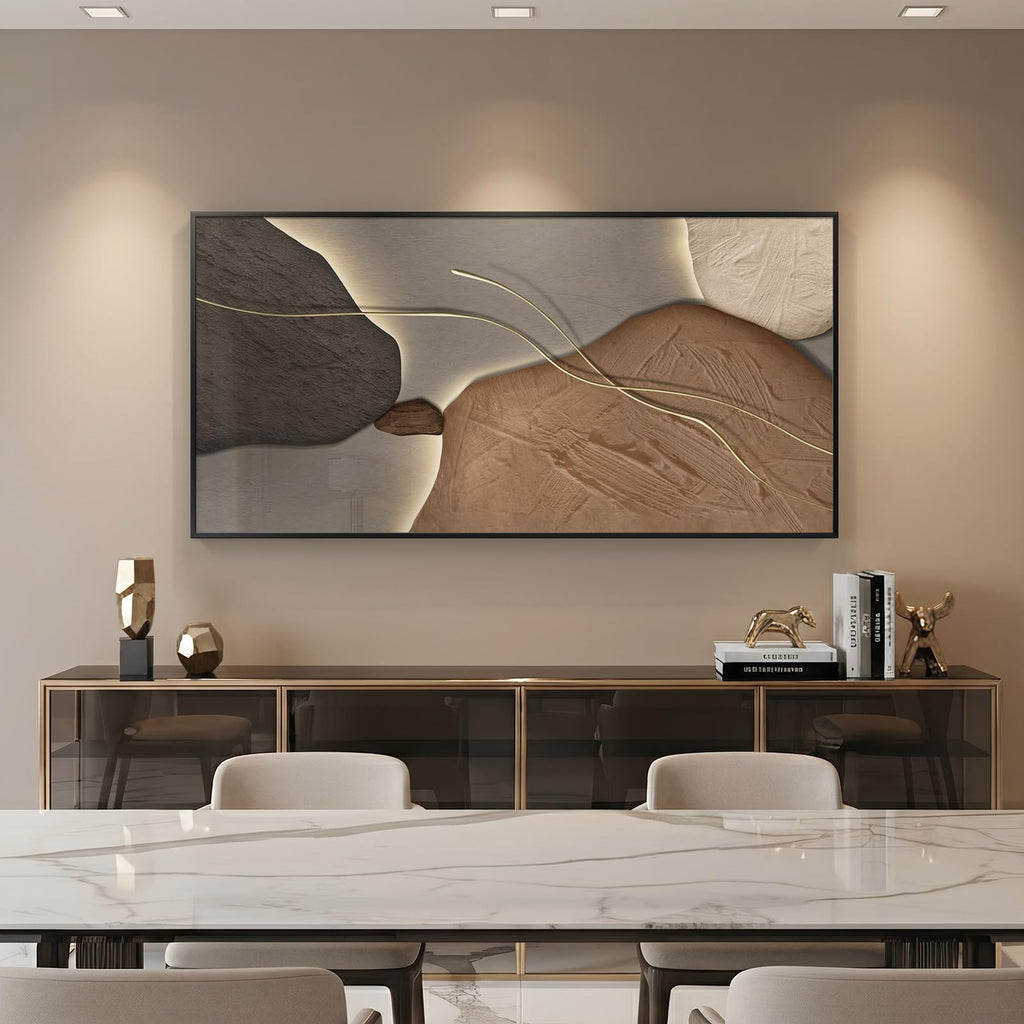 Horizontal Framed Abstract Brown Tan Wall Art, 56x28 Inch