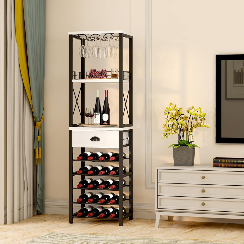 Wine Rack Freestanding Floor, Bar Cabinet for Liquor and Glasses | 4-Tier bar Cabinet with Tabletop, Glass Holder